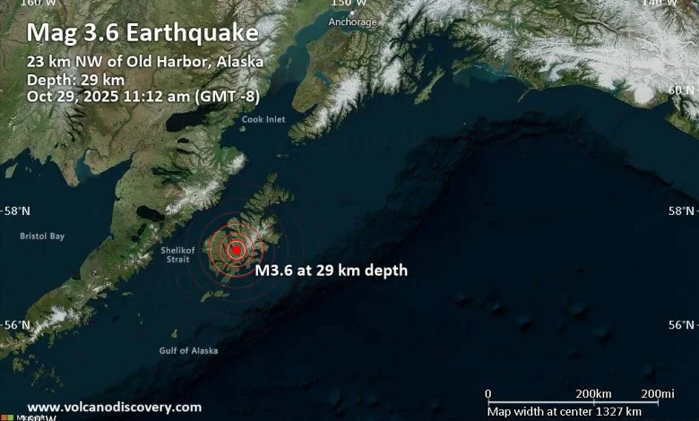 Small magnitude 3.6 quake hits 56 miles southwest of Kodiak, Alaska, United States in the morning