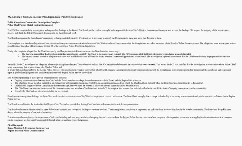 Statement on Behalf of the Regina Board of Police Commissioners