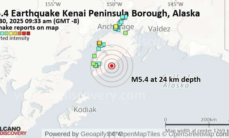 Strong mag. 5.4 earthquake - 66 mi southeast of Kalifornsky, Kenai Peninsula Borough, Alaska, United States, on Thursday, Oct 30, 2025, at 08:33 am (Anchorage time)
