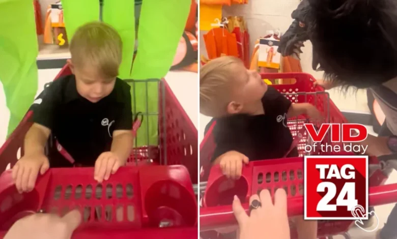 Viral Video of the Day for October 28, 2025: Toddler has hilarious reaction to dad's scary Halloween mask in Target!