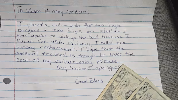 Alabamian who mistakenly ordered from N.S. burger joint sends cash and apology by mail