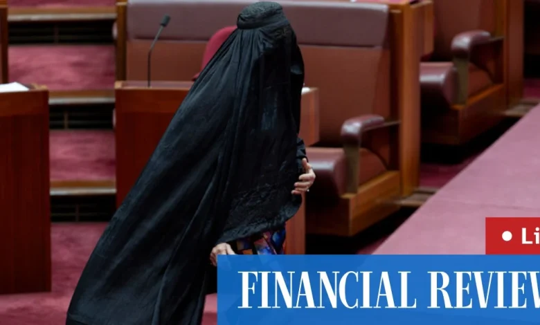 Australian news live: Pauline Hanson repeats burqa stunt; Coalition targets ‘part-time energy minister’ Bowen
