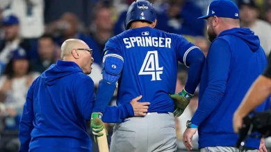 Blue Jays’ George Springer leaves Game 3 of World Series after injuring himself on a swing