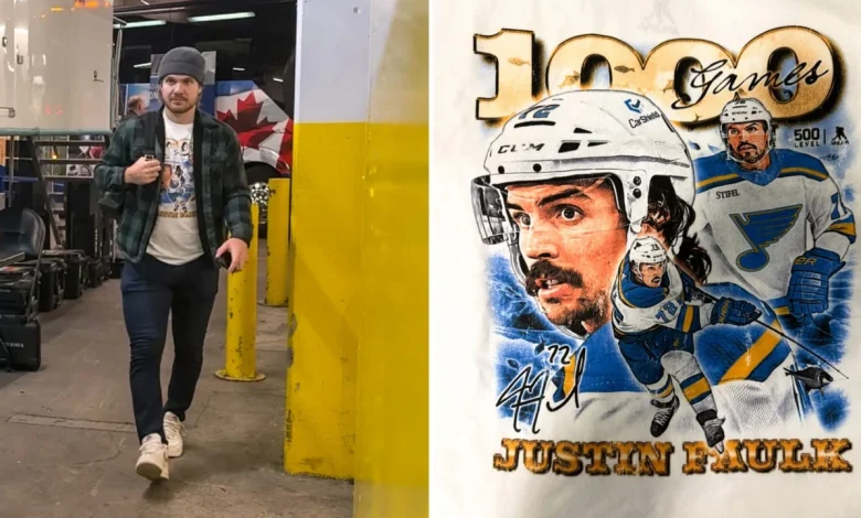 Blues rock custom T-shirts to celebrate Faulk’s 1,000th NHL game