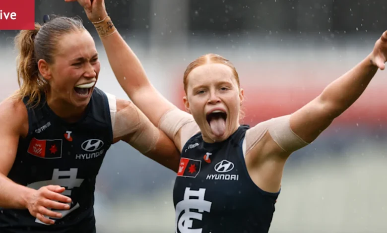 Carlton vs West Coast AFLW LIVE: Blues, Eagles locked in battle at soaked Ikon Park; Eagles lose veteran to injury
