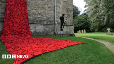 Church cascade of poppies hung at Oxfordshire village church