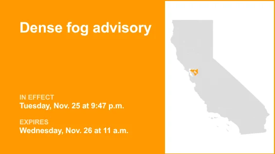 Dense fog advisory for East Bay Interior Valleys until Wednesday midday