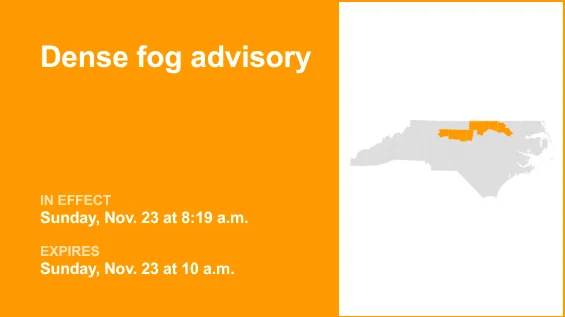 Dense fog advisory for the Piedmont region Sunday morning, says the NWS