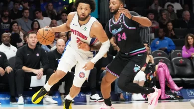 Duncan Robinson gets a win in return to Miami, as Detroit Pistons hold off Heat 138-135