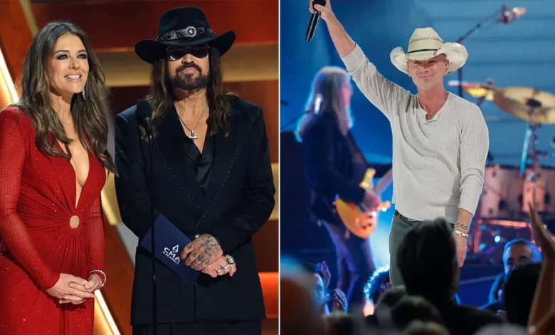 Elizabeth Hurley, Billy Ray Cyrus steal CMAs grooving to Chris Stapleton as Kenny Chesney rocks the stage