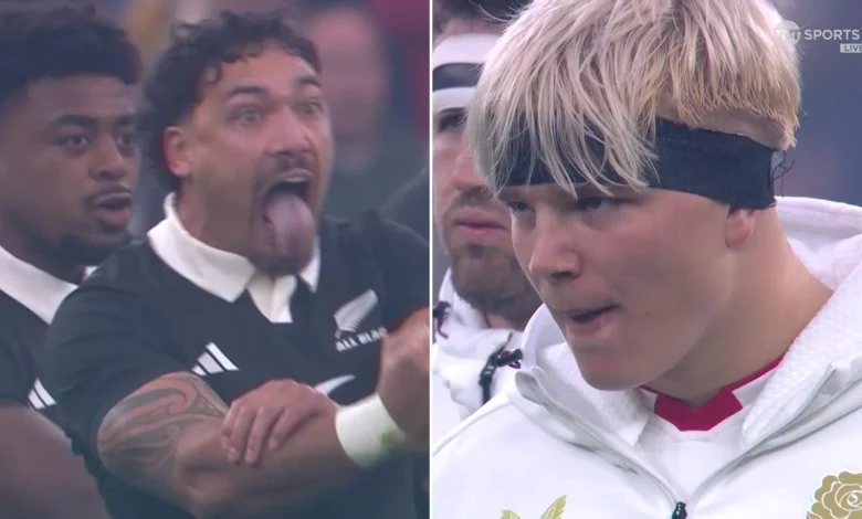 England response to Haka sends rugby fans wild as star is seen LICKING LIPS during New Zealand routine