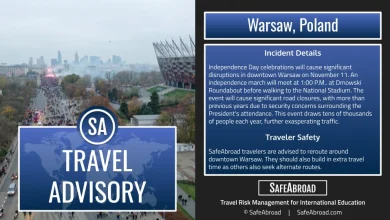 Expect significant travel disruptions in Warsaw, Poland on November 11 due to Independence Day celebrations.