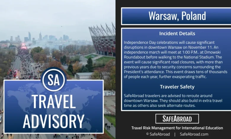 Expect significant travel disruptions in Warsaw, Poland on November 11 due to Independence Day celebrations.