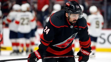 Hurricanes' Seth Jarvis skating after painful shot block