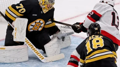 Joonas Korpisalo in Bruins’ net as they take on Senators
