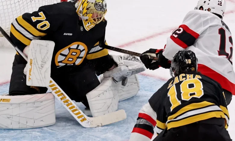 Joonas Korpisalo in Bruins’ net as they take on Senators