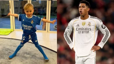Jude Bellingham's newest fan! James Maddison dresses son up in close friend's Real Madrid kit with 'wise choice' message
