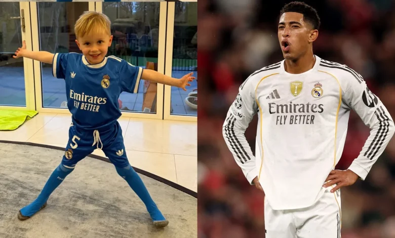 Jude Bellingham's newest fan! James Maddison dresses son up in close friend's Real Madrid kit with 'wise choice' message