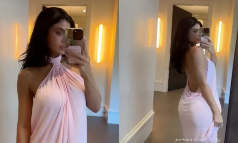 Kylie Jenner Models Silk Backless Dress for KHY in Video