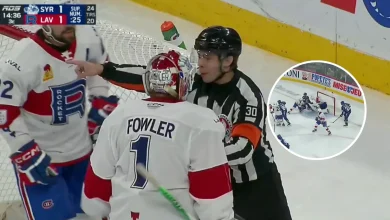 Laval Rocket goalie Jacob Fowler confronts referee after controversial goal call