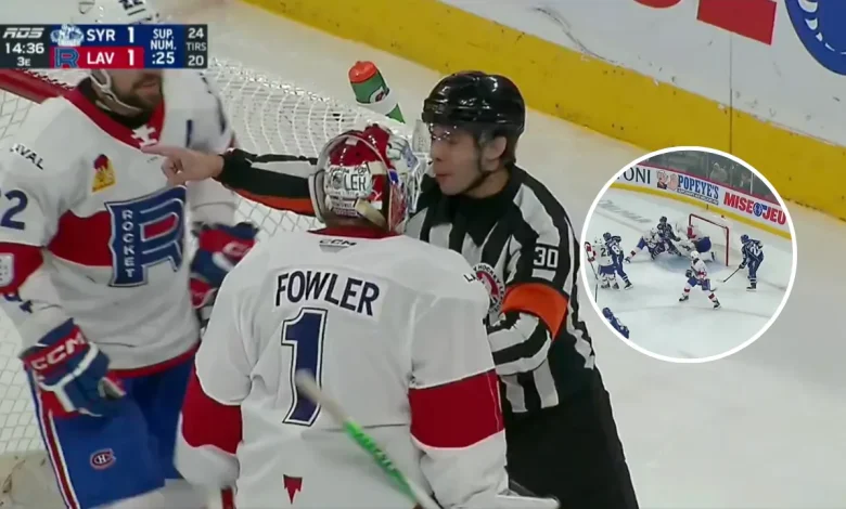 Laval Rocket goalie Jacob Fowler confronts referee after controversial goal call
