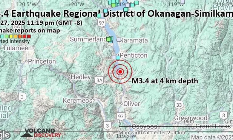 Light mag. 3.4 earthquake - Regional District of Okanagan-Similkameen, 55 km south of Kelowna, Regional District of Central Okanagan, British Columbia, Canada, on Thursday, Nov 27, 2025, at 11:19 pm (GMT -8)