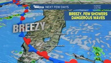 Lingering breezy winds and rough surf; gradually warming up