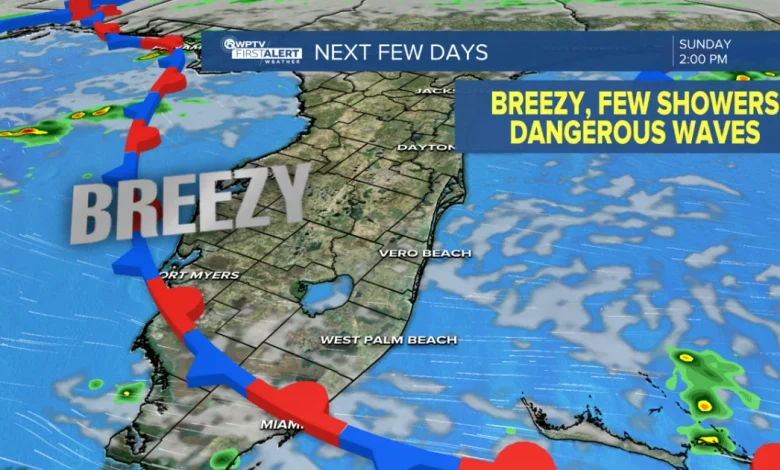 Lingering breezy winds and rough surf; gradually warming up