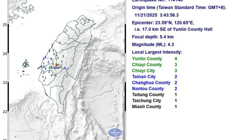 Magnitude 4.3 earthquake hits Yunlin County
