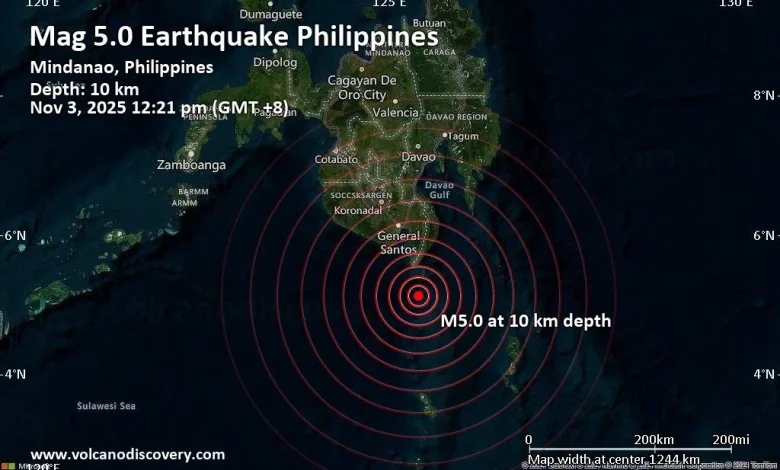 Magnitude 5.0 earthquake strikes near Glan, Province of Sarangani, Soccsksargen, Philippines