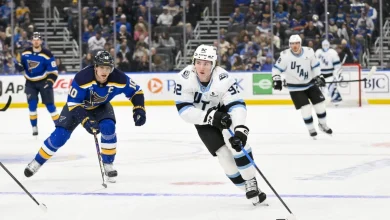 Mammoth’s Logan Cooley helped off ice, Blues’ Alexey Toropchenko ejected after collision