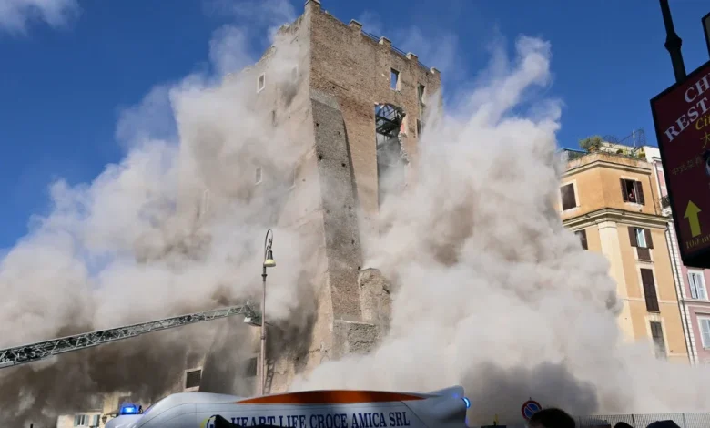 Medieval tower partially collapses in Rome critically injuring worker and trapping another