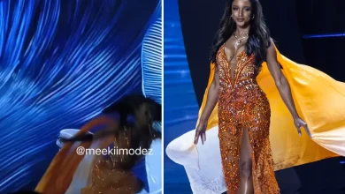 Miss Jamaica tumbles off stage and is carried away on stretcher during Miss Universe pageant
