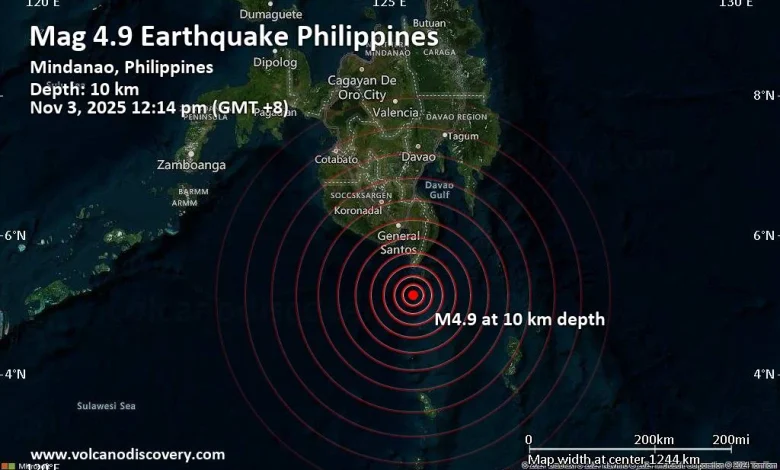 Moderate Earthquake of Magnitude 4.9 Just Reported 77 km South of Glan, Philippines