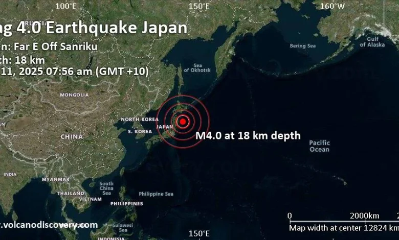 Moderate mag. 4.0 earthquake - Japan: Far E Off Sanriku on Tuesday, Nov 11, 2025, at 07:56 am (GMT +10)