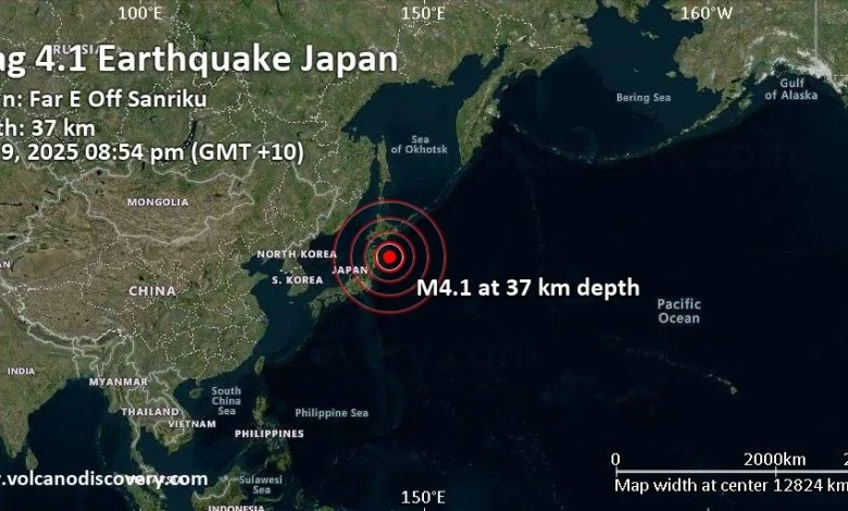 Moderate mag. 4.1 earthquake - Japan: Far E Off Sanriku on Sunday, Nov 9, 2025, at 08:54 pm (GMT +10)