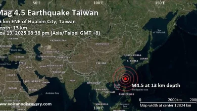 Moderate mag. 4.5 earthquake - Philippine Sea, 27 km northeast of Hualien City, Taiwan, on Wednesday, Nov 19, 2025, at 08:38 pm (Taipei time)