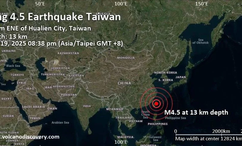 Moderate mag. 4.5 earthquake - Philippine Sea, 27 km northeast of Hualien City, Taiwan, on Wednesday, Nov 19, 2025, at 08:38 pm (Taipei time)