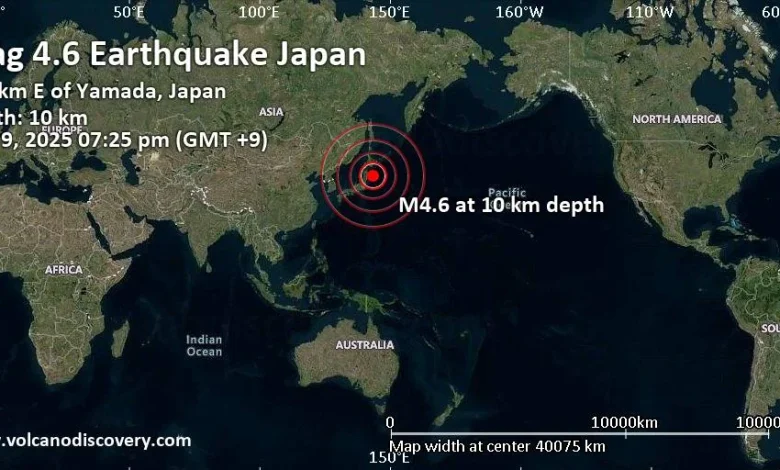 Moderate mag. 4.6 earthquake - 134 km E of Yamada, Japan, on Sunday, Nov 9, 2025, at 10:25 am (Universal Time)