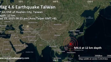 Moderate mag. 4.6 earthquake - Philippine Sea, 27 km east of Hualien City, Taiwan, on Wednesday, Nov 19, 2025, at 08:25 pm (Taipei time)