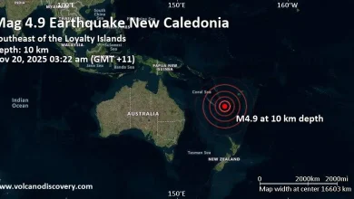 Moderate mag. 4.9 earthquake - South Pacific Ocean, 397 km east of Mare Island, Loyalty Islands, New Caledonia, on Thursday, Nov 20, 2025, at 03:22 am (GMT +11)