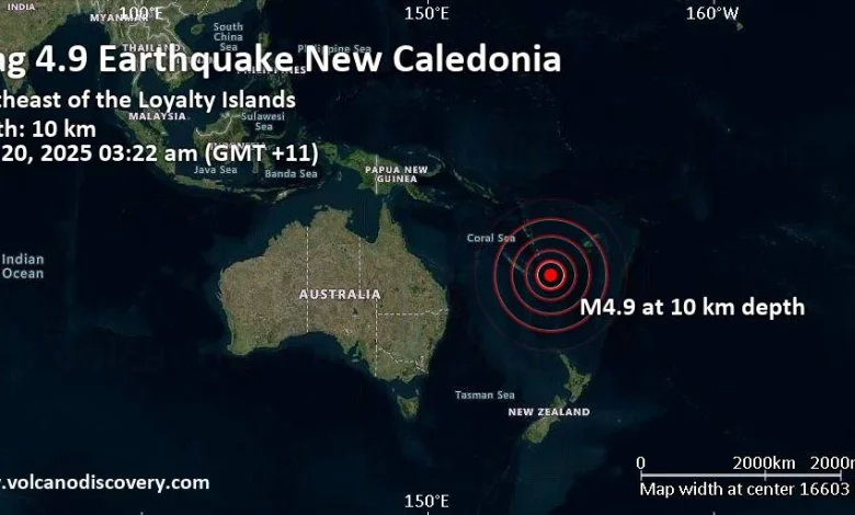 Moderate mag. 4.9 earthquake - South Pacific Ocean, 397 km east of Mare Island, Loyalty Islands, New Caledonia, on Thursday, Nov 20, 2025, at 03:22 am (GMT +11)