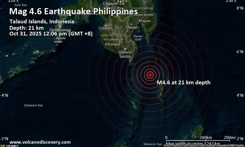 Moderate magnitude 4.6 quake hits 103 km southeast of Sarangani, Philippines around noon