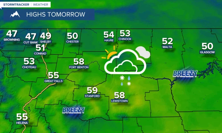 Mostly cloudy and warmer with a few rain/snow showers on Wednesday