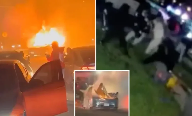 NYC mob pummels couple, sets vehicle on fire as violent car meet-up turns into ‘complete melee’: video