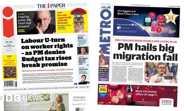 Newspaper headlines: 'U-turn on workers rights' and 'big migration fall'