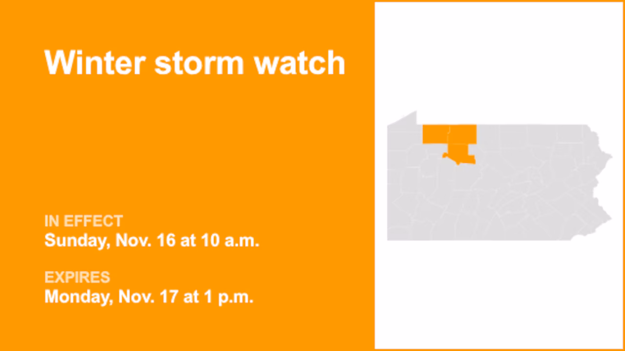 Part of Pennsylvania placed under a winter storm watch until Monday afternoon – gusts to hit 45 mph