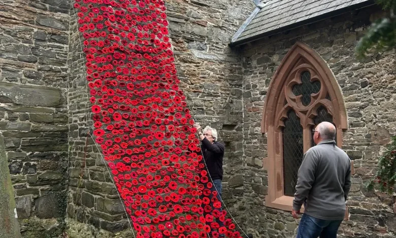 Poppy waterfall unveiled as part of Shropshire village's major remembrance tribute