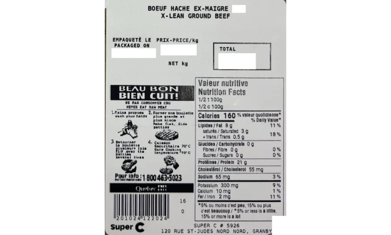 Présence possible de morceaux de métal et de plastique dans du bœuf et du veau haché préparés et vendus par l'entreprise Super C située à Granby