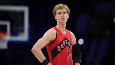 Raptors' Gradey Dick exits vs. Pacers after hard fall